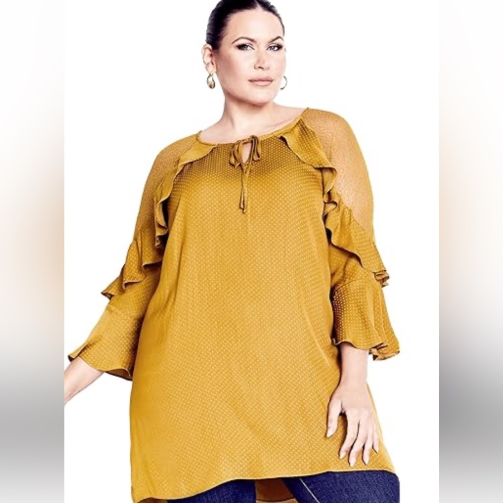 Mustard Mini Dress Sheer shoulder panels Front tie detail Pull over Lined Sz 14